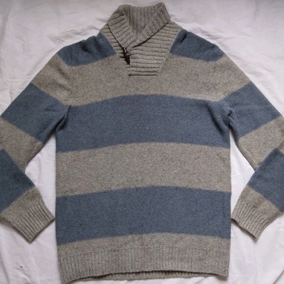 Gap Sweater Striped Lambswool Cowl Neck Gray Blue Preppy Mens Size XL Tall - Picture 2 of 11